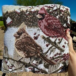 Pair of Cardinals Tapestry pillow by Kim Norlien. Both sides. Gold cord edges.